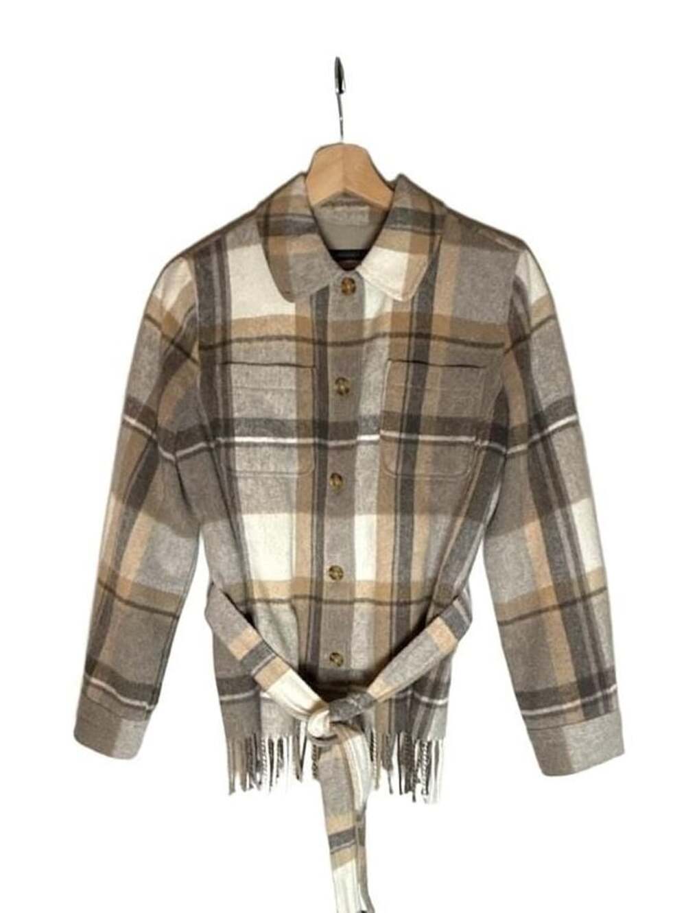 Talbots Plaid Belted Shirt Jacket Brown Tan Italian Wool Blend, Size S